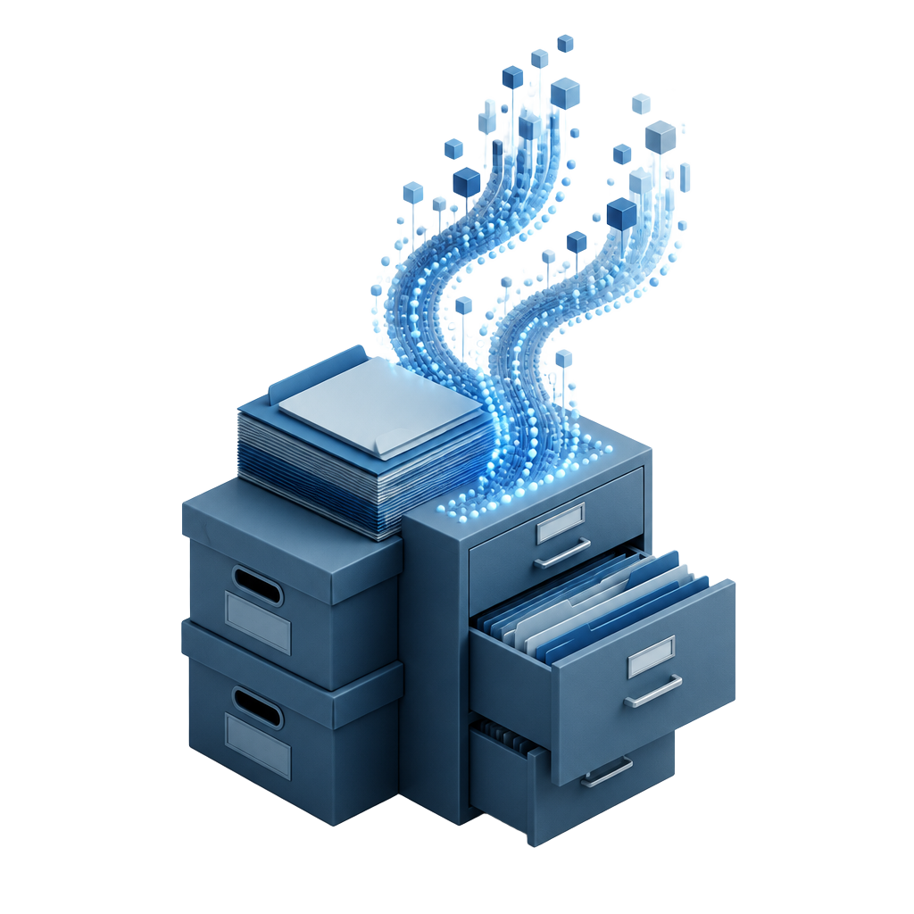 Isometric illustration of archival business records transforming into streams of data