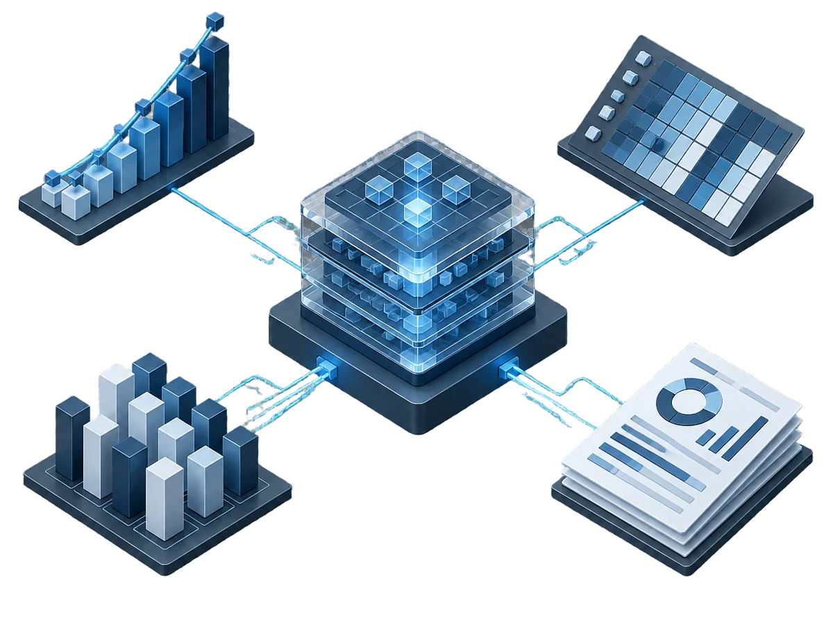 Isometric analytical engine connecting workforce trajectories, company comparisons, population screening and research evidence