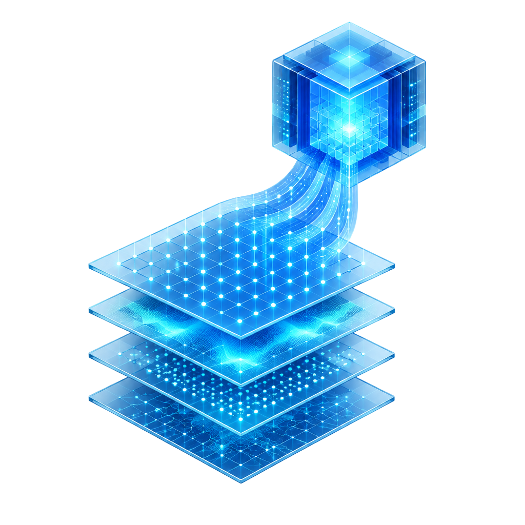 Isometric illustration of layered historical data feeding a numerical forecasting engine
