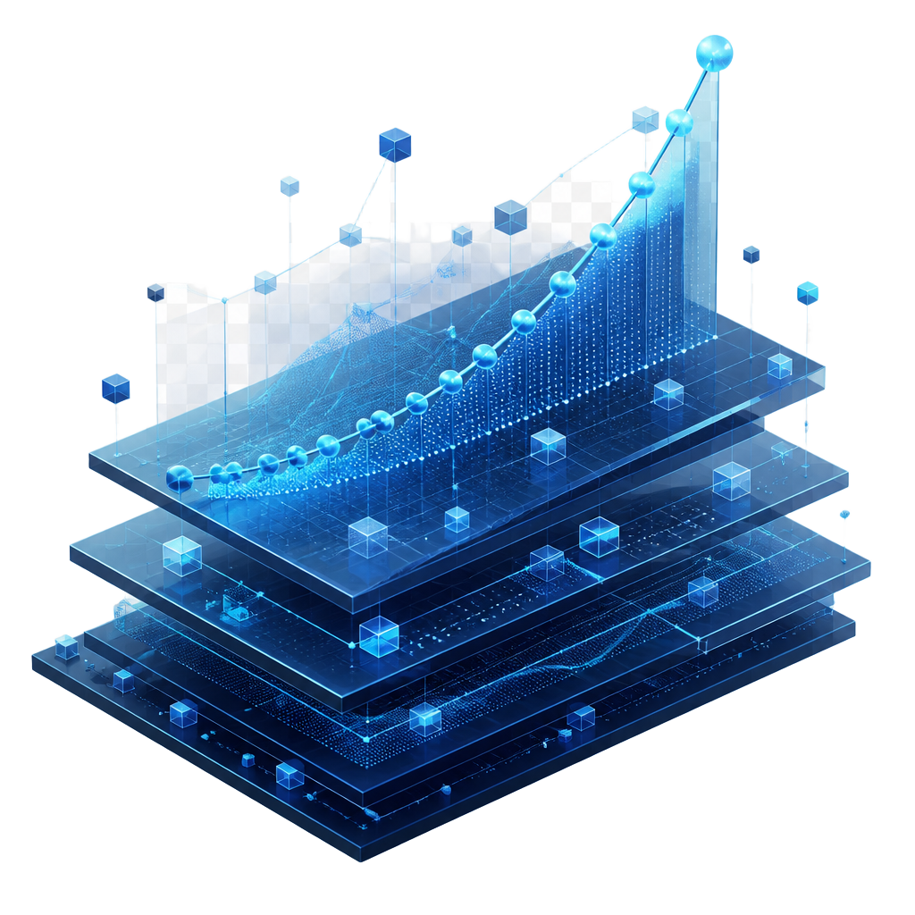 Isometric visualisation of layered workforce trajectory signals forming a prediction curve