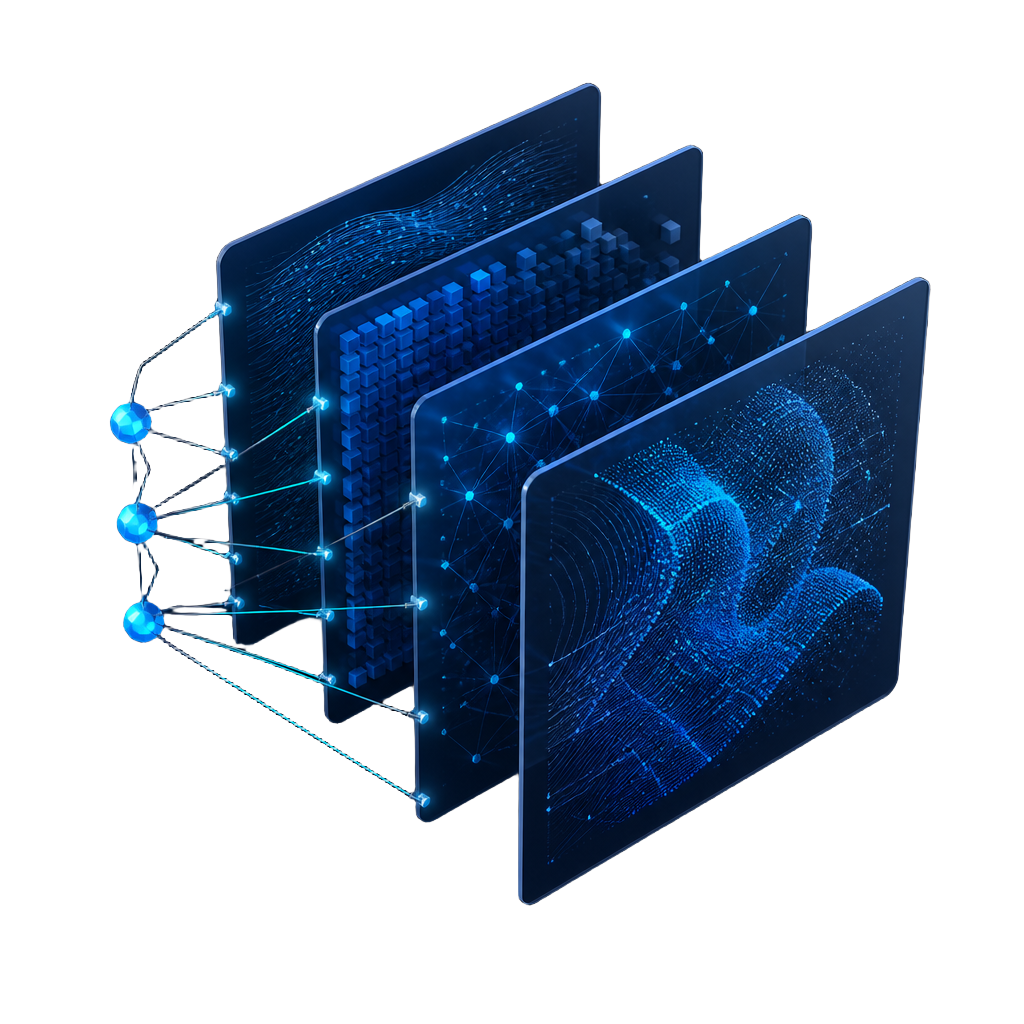 Isometric visualisation of four layered research panels connected by data nodes
